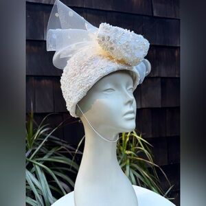 Vintage wedding cocktail hat white cap sequins beads bow 22.5” Whittall & Shon